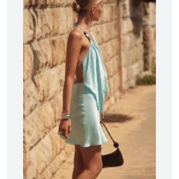 SNDYS Rosita Halter Mini Dress in Fresh Mint With Stone Bead Straps NEW - Picture 2 of 9
